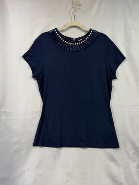 Ted Baker Navy Short-Sleeve Top with Pleated Beaded Neckline Large